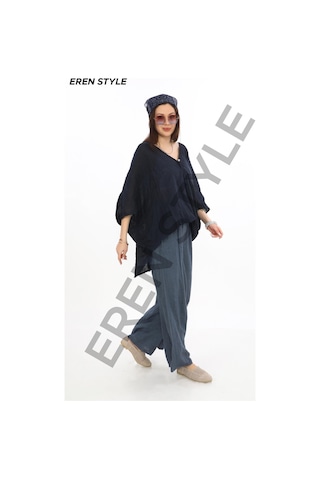 Eren Style Bohem Kuruvaze Tek Düğmeli Keten Bluz-9884 Lacivert