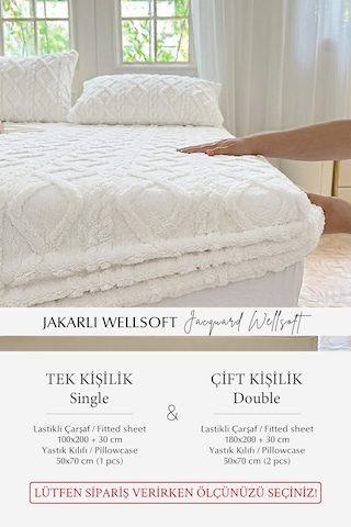 Süper Yumuşak Jakar Kadifemsi Peluş Lastikli Fitted Çarşaf Seti Kaymaz Tek/çift Kişilik Krem Kırık Beyaz