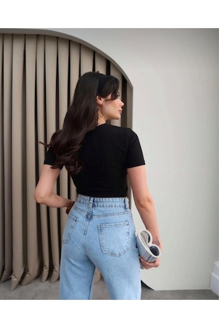 Teedy Bear Nakışlı Crop T-shirt SIYAH