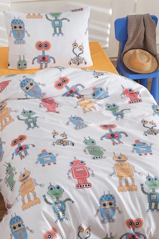 Eponj Home Tek Kişilik Pamuklu Nevresim Takımı 3 Parça Roboti Desen Beyaz / Yumuşak Dokulu Beyaz