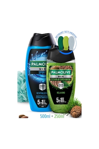 Palmolive Sport Erkek Duş Jeli 500 ML + Sedir Ağacı Kokulu Duş Jeli 250 ML + Seyahat Kiti