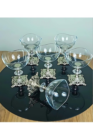 Assa Bazaar 6 Lı Metal Ayaklı Gümüş Detaylı Magnolia Kase Seti Dondurmalık Şekerlik Sunumluk Gri