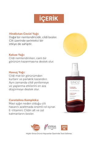 Sinoz Kusursuz Bronzlaştırıcı Hindistan Cevizi Kakao Havuç Yağı İçeren Güneş Yağı Spreyi 200 ML