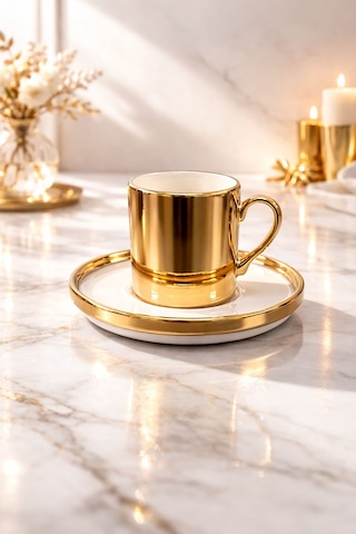 2 Kişilik Porselen Gold Platin Kaplama Kahve Fincan Takımı Seti 100ml Altın
