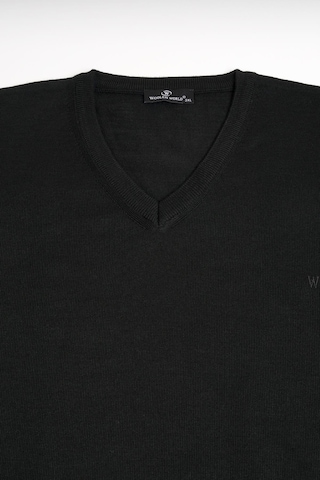 Woolen World V Yaka Battal Büyük Boy Yünlü Triko Kazak Siyah