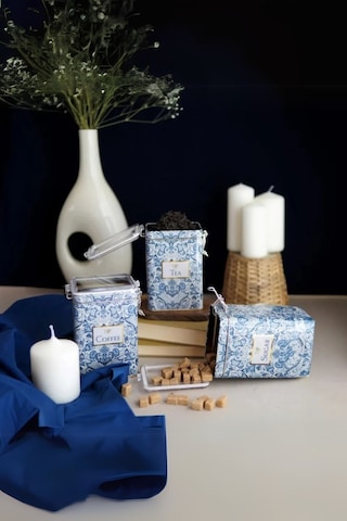 Lisbon Desenli Tea, Coffee, Sugar Şeffaf Kapaklı Metal Saklama Kabı 3'lü Set, 7,5 X 10 X 15 Cm, 1 Lt Desenli