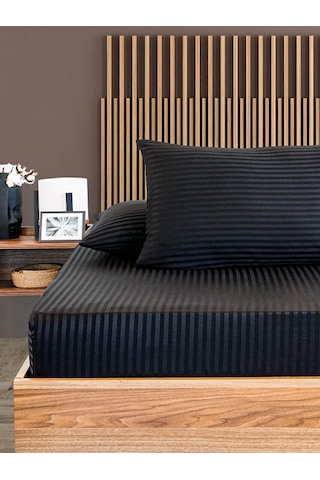 Siyah Pamuklu Çizgili Saten Lastikli Çarşaf Takımı Tek Kişilik + 1 Yastık Kılıfı Siyah