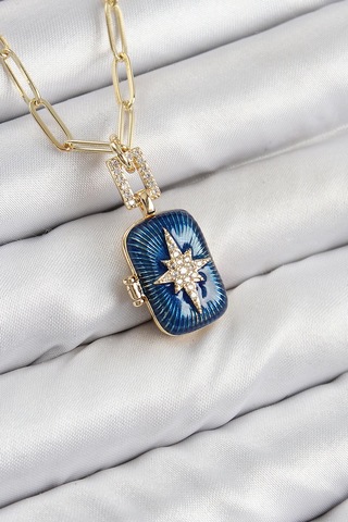 Pirinç Zirkon Taşlı Açılabilir Kutup Yıldızı Model Gold Renk Kadın Kolye Çok Renkli