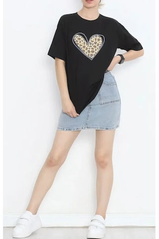 Hazego 14 Şubat Sevgililer Günü Leopar Kalp Baskılı Oversize Bisiklet Yaka T-shirt - Siyah