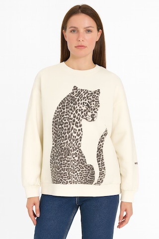 Quzu Leopar Figürlü Kolu Yazı Baskılı Sweatshirt Ekru Ekru