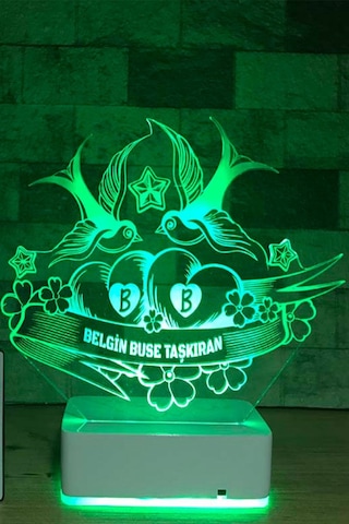 Sevgiliye Özel Sen & Ben Ve Kuşlar 3D Led Lamba