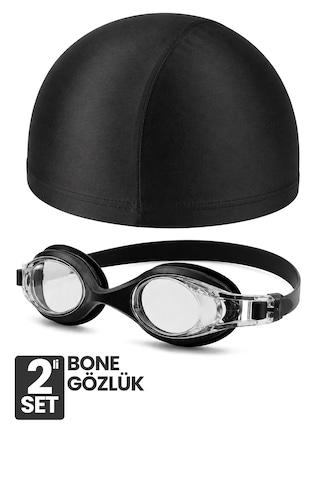 Set Yüzücü Gözlüğü Kumaş Bone Set Yüzme Havuz Deniz Gözlüğü Ve Bone Siyah