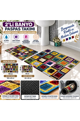 Renkli Mozaik Patchwork 2 Li Banyo Paspası Seti Kaymaz Taban Yıkanabilir Çok renkli