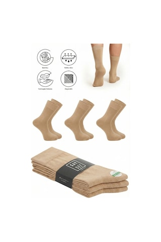 Saysez Bambu Erkek Soket Uzun Düz Bej Çorap Dikişsiz Premium Paket 3'lü / Yıkamalı Kokulu Soft Çorap Bej