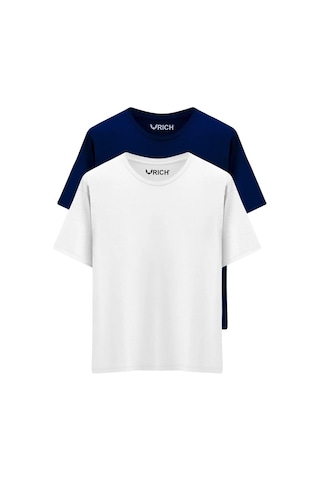 Rich Erkek 2 Li Paket %100 Pamuk Oversize Tişört Basic Bisiklet Yaka Kısa Kollu T-shirt Lacivert