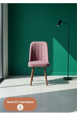 Nora 6 Adet Sandalye - Keten Kumaşlı Sandalye Modern Ahşap Ayaklı Yemek & Çalışma Sandalyesi Minimal Tasarım Pembe