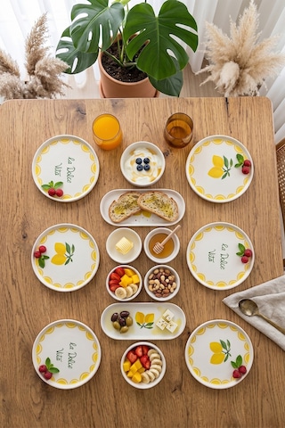 Vita Lemony 14 Parça 6 Kişilik Stackable Seramik Tabak Seti Premium Sunum & Kahvaltı Takımı Beyaz