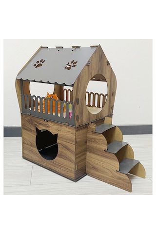 Reyo Pet Dekoratif Teraslı Kedi Evi ve Mama Kabı Seti