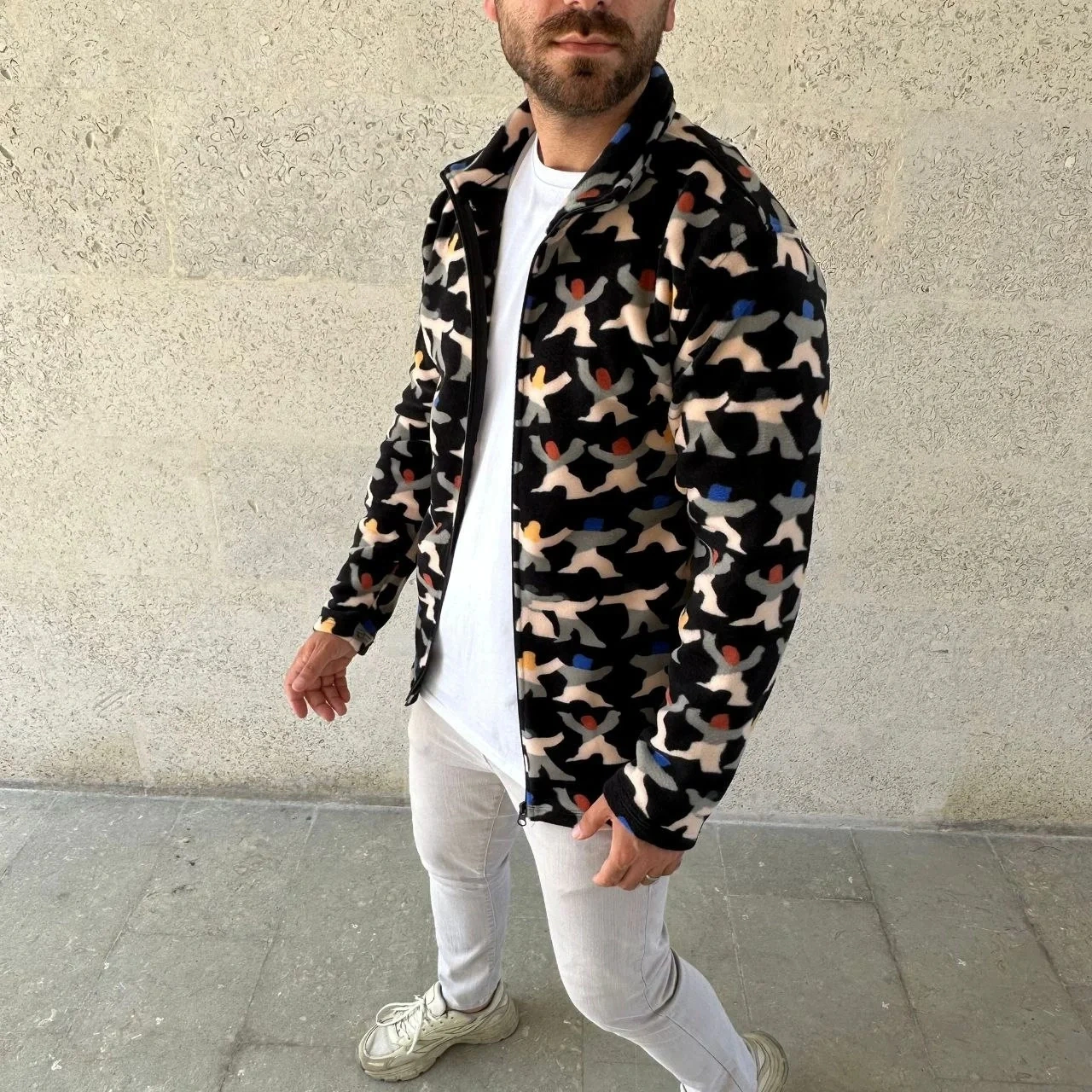 Erkek Tam Fermuarlı Desenli Polar Sweat Siyah Multicolor Figür Desen Yakalı, Uzun Kollu, Oversize Siyah