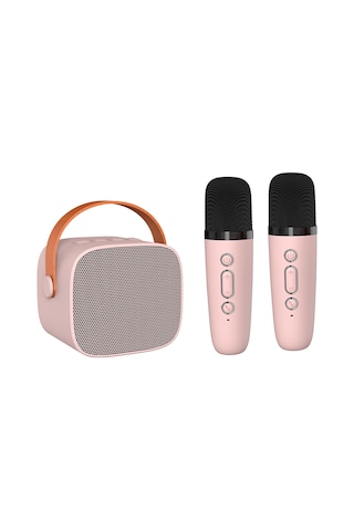 Jeemson P2 Modeli Pembe Bluetooth Hoparlör, İki Mikrofonlu Karaoke Sistemi, Echo Efekti, 2000mah Pil
