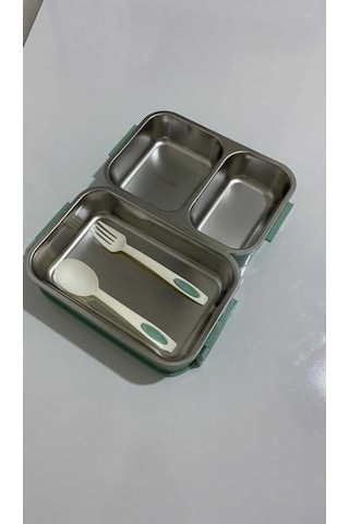 Food 2 Katlı 3 Bölmeli Çatal Kaşıklı Paslanmaz Çelik Yemek Tşıma Kabı 1.65l Yeşil