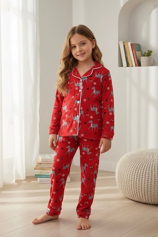 Miniğimin Cicileri Geyik Desenli Süet Kız Çocuk Pijama Takım... Kırmızı