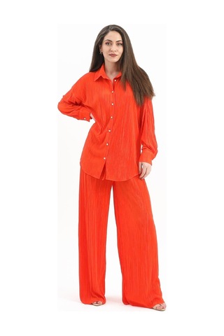 Düğme Detaylı Örme Pilise Takım - Turuncu-turuncu Turuncu