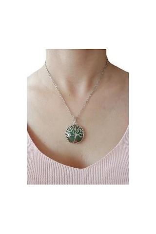 Yeşim Doğal Taşlı Hayat Ağacı Çelik Kolye - Kadın