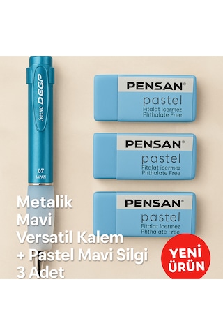 Metalik Mavi 0.7 Versatil Kalem + Pastel Mavi Silgi 3'lü Set Metalik Mavi