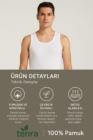 Beyaz Askılı Erkek Atlet 3 Adet %100 Pamuk Beyaz