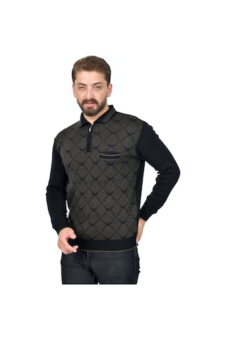 Kamalı Erkek Çelik Örgü Gömlek Yaka Cepli Fermuarlı Polo Yakalı Tüylenmeyen Triko Kışlık Baba Kazak Siyah