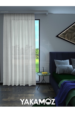 Beyaz Keten Görünümlü Ekstraforlu Tül Perde Linen Touch Serisi BEYAZ