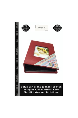 Delux Serisi 4x6 10x15 100'lük Fotoğraf Albüm Kırmızı Kare Motifli Hatıra Anı Biriktirme