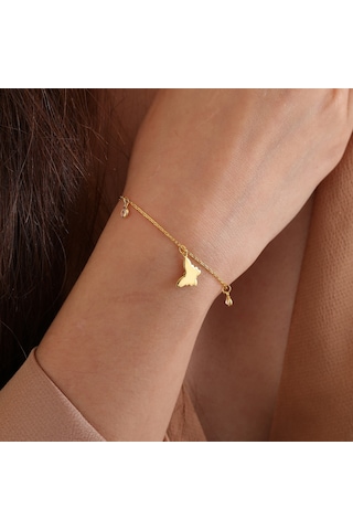 Queen Silver Jewelry 925 Ayar Gümüş Kelebek Objeli Zirkon Taş Sallantılı Bileklik Altın