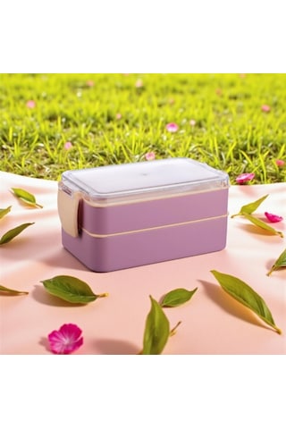 Titiz Fely 2 Katlı Öğle Yemeği Kabı - Çatal Kaşık Dahil - Sızdırmaz & Kilitli Lunch Box- Mor Renk Çok Renkli