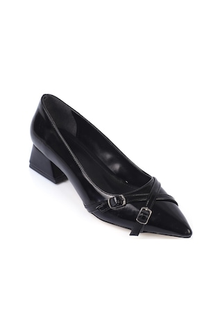 Shoetek Laura Kadın Stiletto Kalın Topuklu Çapraz Bantlı Tokalı Ayakkabı Siyah Rugan Siyah Rugan