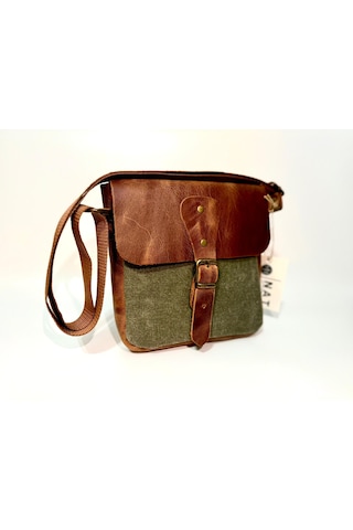 Natderi Hakiki Deri Kanvas Omuz Çantası Ayarlanabilir Askılı, Fermuarlı Arka Cepli, 20x21 Cm Haki - Taba - Kahverengi