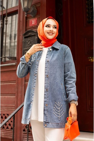Harman Butik Kadın Boncuk Detaylı Denim Kot Ceket Mavi Mavi