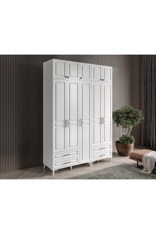 GuneyStore Gözde 5 Kapaklı Yüklüklü Komple MDF Beyaz Gardırop