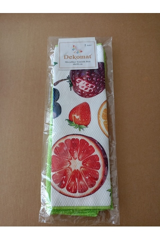 Microfiber Temizlik Bezi 40x50 Cm 2 Adet Çilek Desen Bir Adet Baskılı Bir Adet Naturel Yeşil