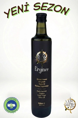 Ergince Organik Erken Hasat Natürel Sızma Zeytinyağı Soğuk Sıkım 0,18 Asit Premium Lezzet 500 Ml