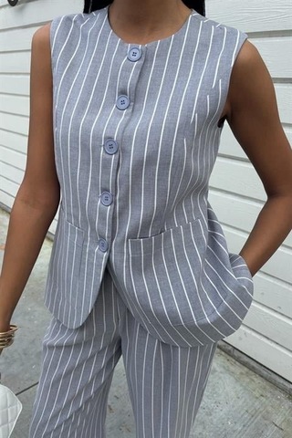 Çizgili Viscon Keten Yelekli Rahat Takım 10121 Gri