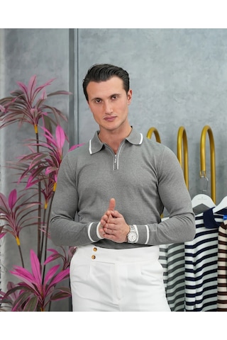 Modefendi Pamuk Likra Slim Fit Yaka Çizgi Detaylı Fermuarlı Triko Kazak Gri