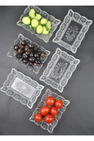 6'lı Cam Kase Çerezlik Kahvaltılık Dikdörtgen Sunumluk-13x10x4cm