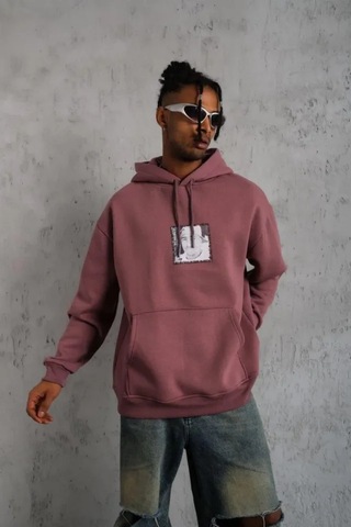 Veraura Lifestyle Erkek Ön Arka Baskılı Kapşonlu Sweat - Gül Kurusu Gülkurusu