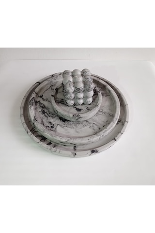 Mermer Desenli Dekoratif Beton Büyük Boy Organizer 3 Lü Banyo Seti ,tepsi Seti,aksesuar,dekorasyon Gri