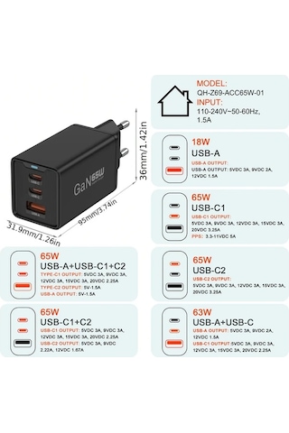 Honeybeeshop Beyaz 65w Gan Hizli Sarj Cihazi 3 Baglanti Noktasi Usb A Ve 2 Usb C Pd Pps Macbook İpad İphone Galaxy Uyumlu