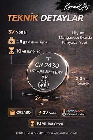 Cr2430 3v Lityum Düğme Pil Araç Kumandası, Akıllı Sensör, Tartı Ve Elektronik Cihaz Pili