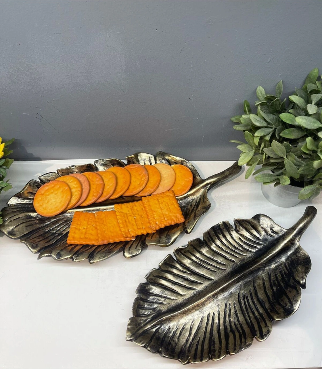 Dekoratif Polyester İkili Yaprak Sunumluk Gold Siyah Eskitme