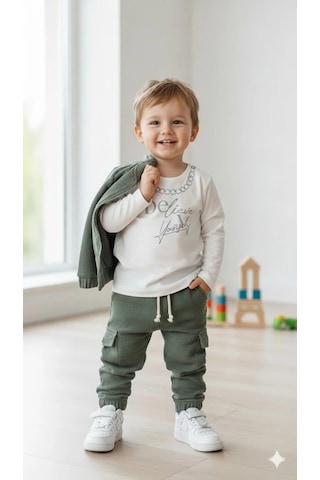 Bontino Erkek Çocuk Sweatshirt, Hırka Ve Pantolonlu %100 Pamuk 3'lü Spor Takım Haki